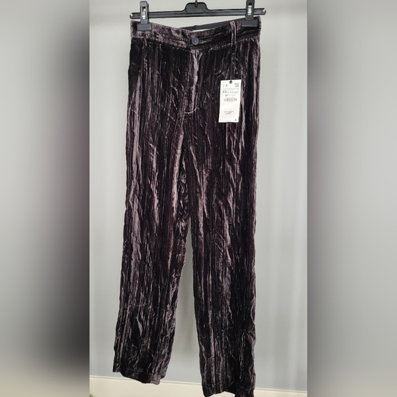 Nwt XS Zara crushed dark gray velvet pants - Picture 1 of 2